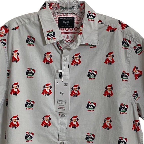 Denim & Flower Men’s Holiday Button Down Shirt Large Christmas Gamer Santa NWT - Picture 2 of 10